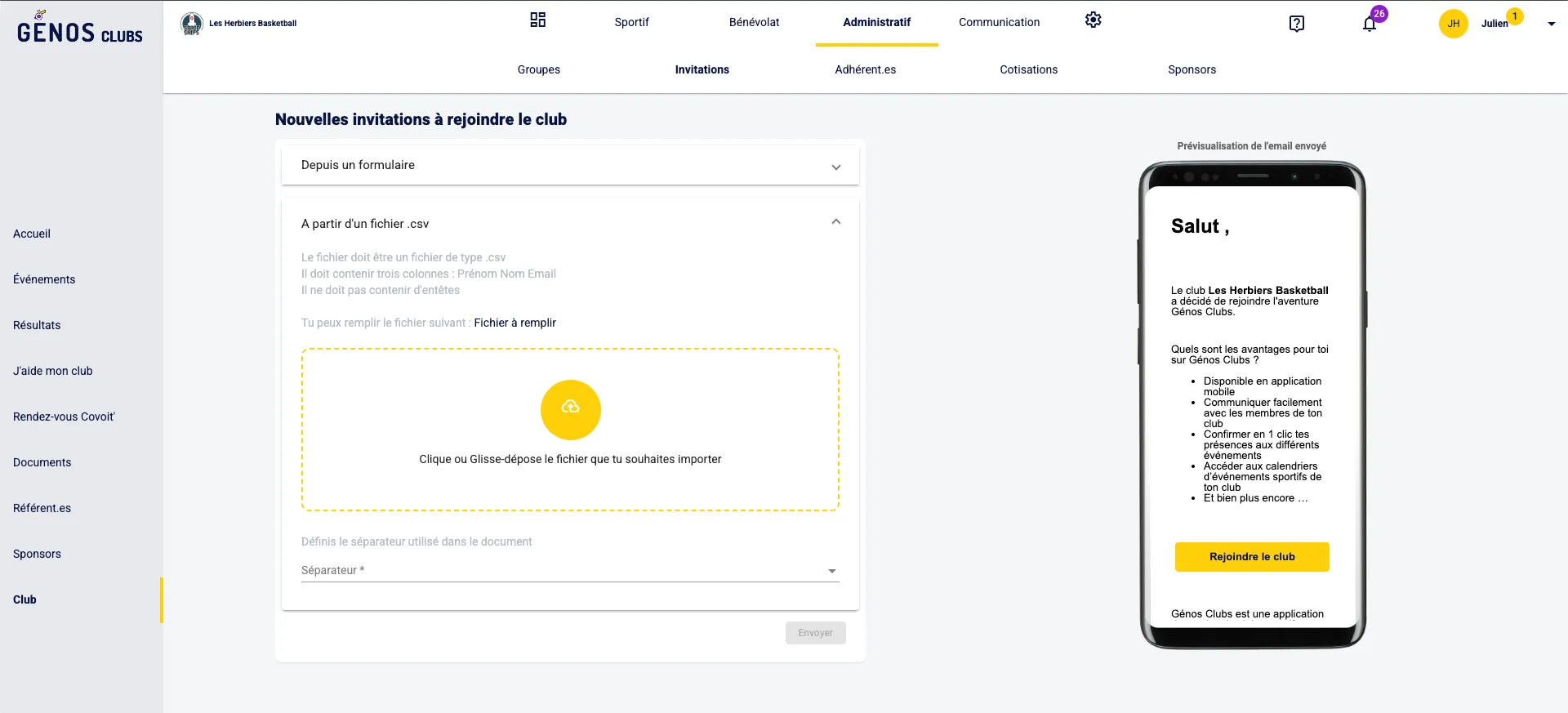Importer un fichier csv d'inscription - Génos Clubs - Gestion de club sportif