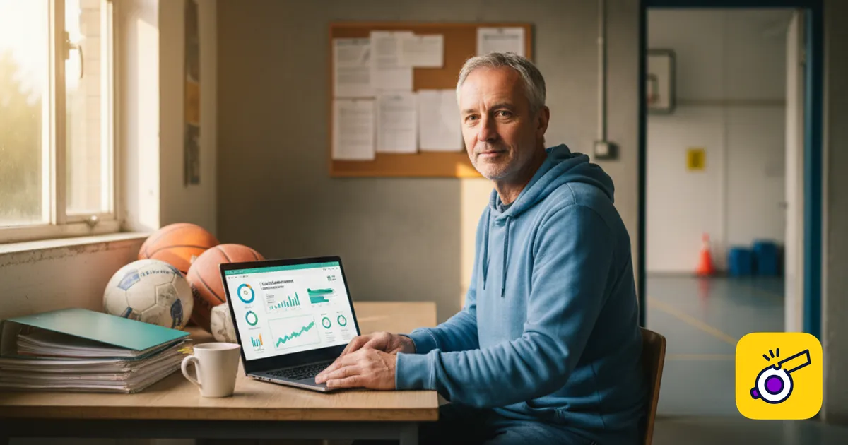 Dirigeant de club sportif consultant un tableau de bord de gestion des licences sur ordinateur portable